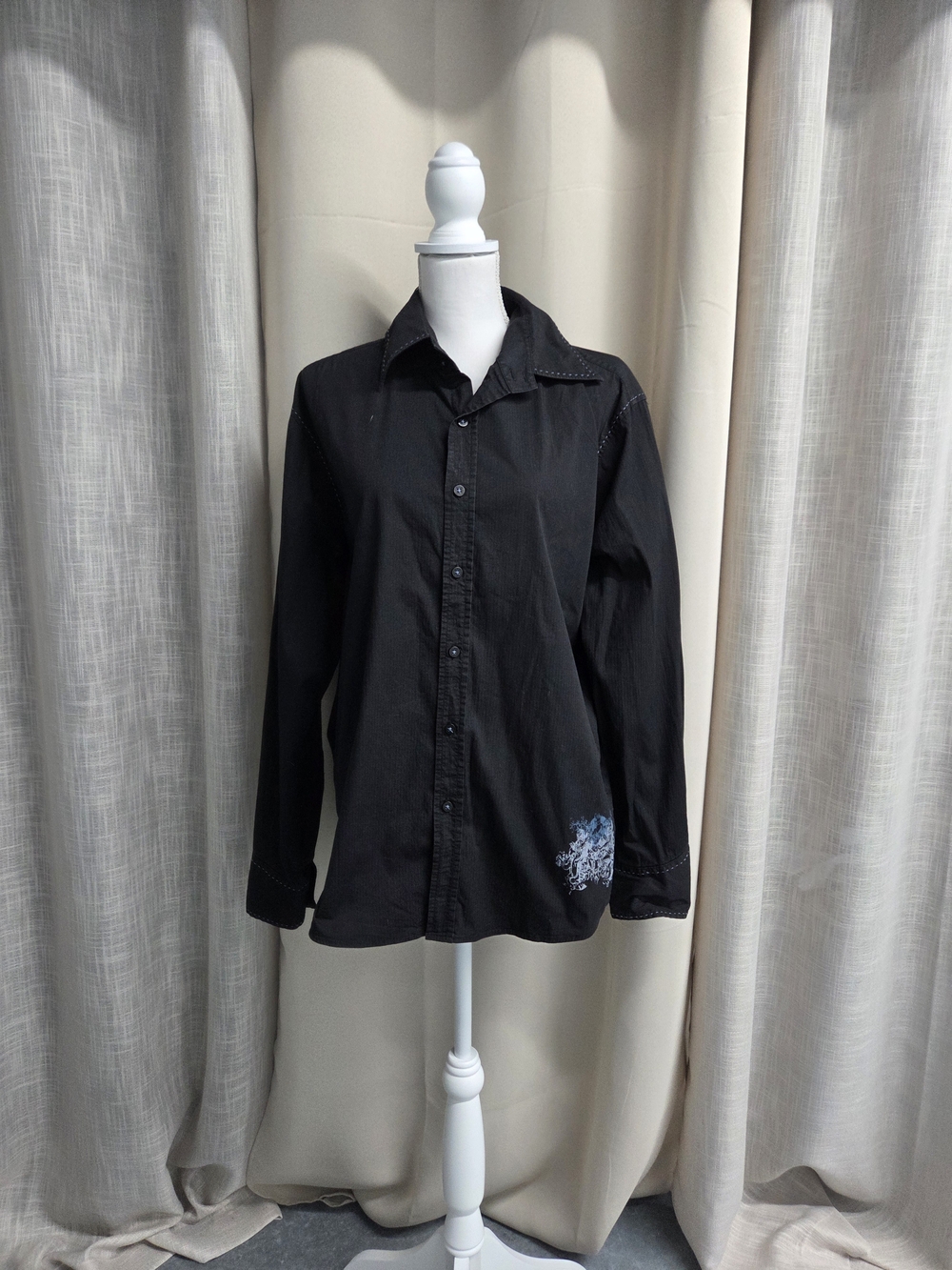 7 Diamonds Black Long-Sleeve Button-Down Shirt Embroidery Cyber Mall Goth Punk